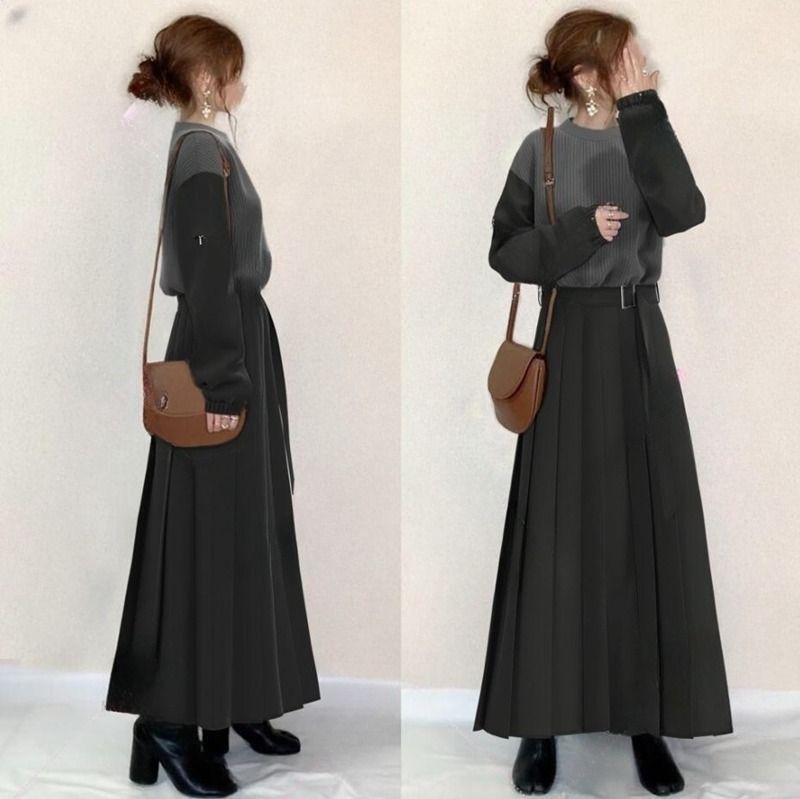 ロングワンピース 即 OK 春秋 切り替え ワンピース レディース プリーツワンピース 秋冬 丸首 長袖 xzzhang 569