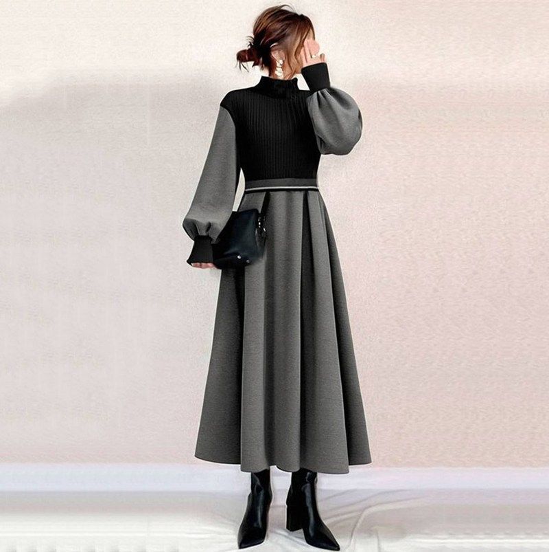 ニットワンピース ♥ オシャレ ロング 秋冬 パフスリーブセーター Aラインスカート ゆったり 韓国風 大人 上品 xzzhang 586