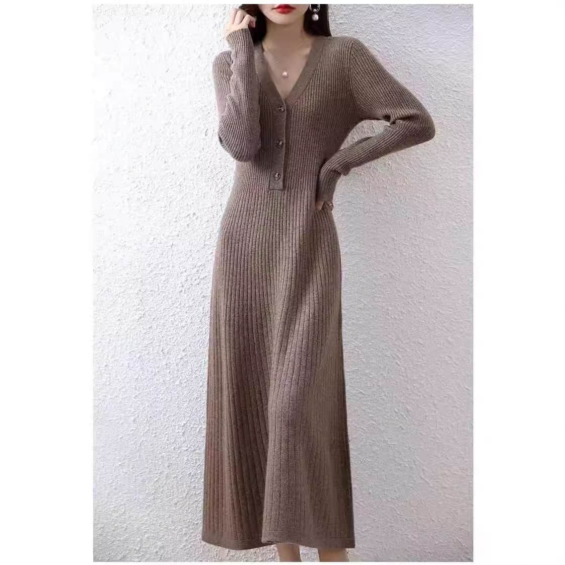 ニットワンピース ♥ ワンピース ニット リブ リブニット 秋冬 ロングニットワンピ 大人 秋 長袖 きれいめ ロング Vネック フ 上品 袖あり カジュアル 通勤 オフィス moli 29