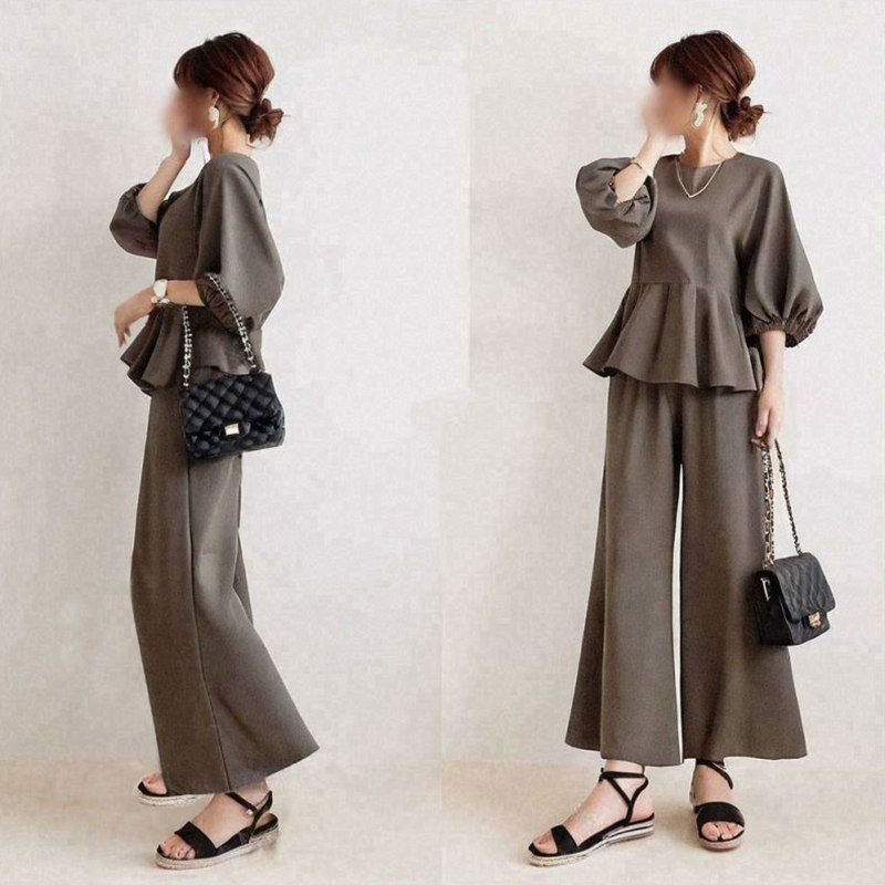 セットアップ ♥ レディース 無地 ブラウス 上下セット ワイドパンツ カジュアル ゆったり 着回し 2点セット 春 夏 通勤 OL 結婚式 卒業式 xzzhang 589