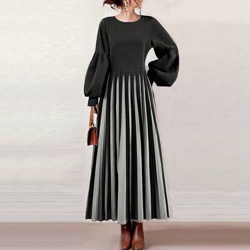 ロングワンピース 即 OK 春秋 レディース パフスリーブ 切り替え ドッキングワンピース レイヤード風 バイカラー プリーツワンピース フ ワンピース 丸首 長袖 xzzhang 570