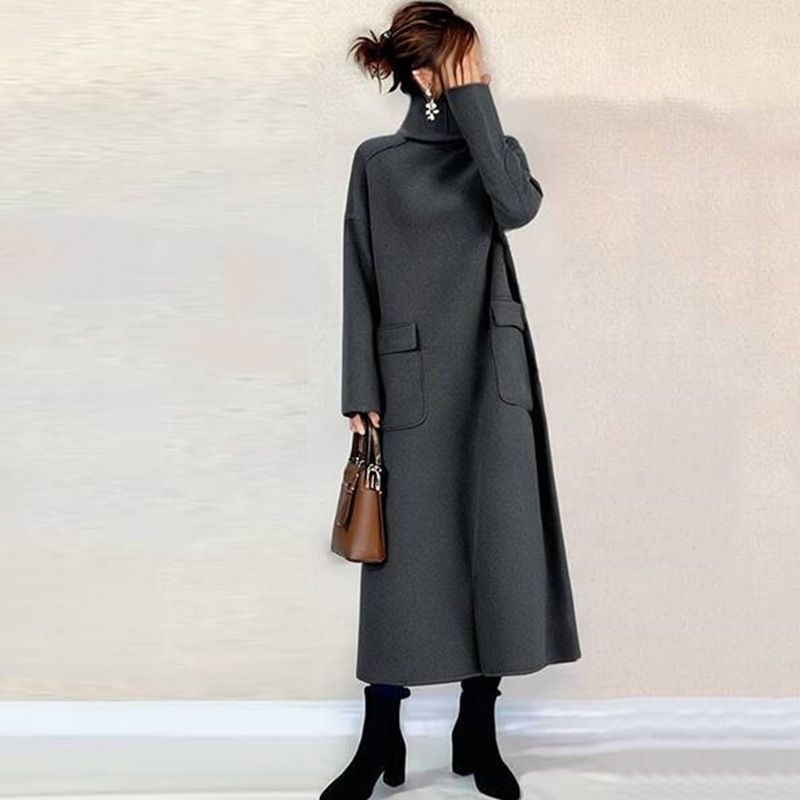 ワンピース 即 OK レディース ウール生地 ハイネック 長袖 ポッケト付き 暖かい 体型カバー ロングワンピース ロング丈 秋冬 可愛い カジュアル ゆったり きれいめ 大人 xzzhang 594