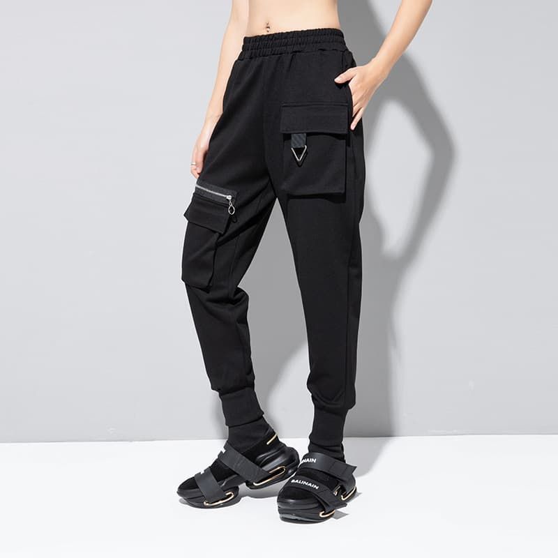 ジョガーパンツ サルエル ♥ レディース サルエルパンツ 大きいサイズ 秋 冬 ロングパンツ テーパードパンツ ボトムス ポケット付き 個性的 モード系 黒 ウエストゴム 細見え ロング丈 yimitao 10