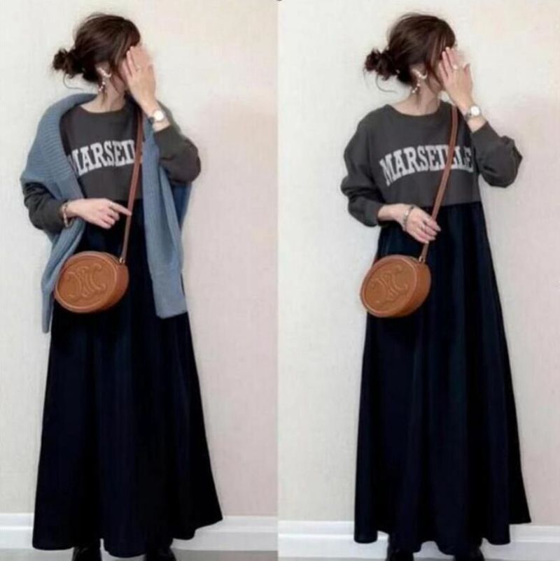 ロングワンピース 即 OK マキシ カット プリント 長袖 ロゴ クルーネック レディース ゆったり 切り替え おしゃれ お洒落 きれいめ カジュアル コーデ かわいい xzzhang 595