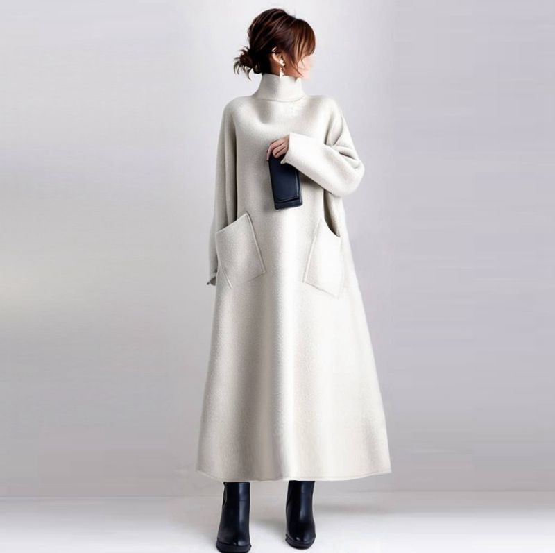 ワンピース 即 OK レディース チュニック 冬 無地 ロング ハイネック ラシャ 体型カバー ゆったり 大きいサイズ コーデ xzzhang 593