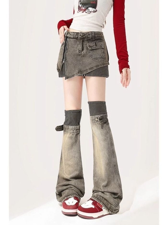  ミニスカートパンツ 即 OK セパレート 付 絶対領域 コスチューム デニムパンツ レディース 大人 女性 美脚 団体ズボン 韓国ファッション xzzhang 431 その他 デニム ジーンズ