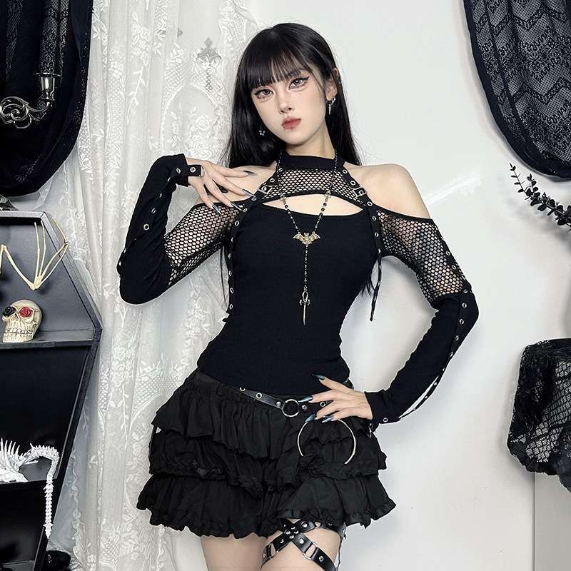 トップス ♥ レディース 秋 ダークゴシック風 セクシー スリムフィット 長袖 ショート丈 胸元強調 プルオーバー 肩出し ストリート 個性的 ギャル系 原宿系 ゴシック風 ダンス衣装 yibei 16