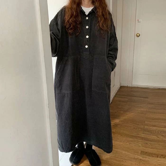 ワンピース 即 OK 春 秋 レディース コーデュロイ ロング丈 長袖 ロング丈ワンピ 体型カバー 大きいサイズ シンプル カジュアル ビックシルエット ゆったり トレンド感 ナチュラル ママコーデ xzzhang 546