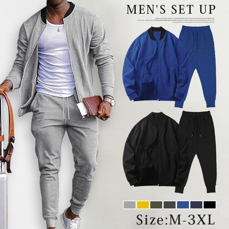 上下セット メンズ ♥ ルームウエア 長袖 秋 冬 セットアップ 無地 スタジャン ジャケット ブルゾン スウェットパンツ ロングパンツ ウエストゴム おしゃれ カジュアル シンプル スポーツ 運動着 部屋着 ファッション yifengyud 23