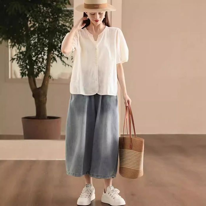  デニムパンツ レディース 7分丈 ワイドパンツ ワイドデニム 大きいサイズ ゆったり 薄手 きれいめ ボトムス ウエストゴム 無地 柔らかい オフィス 美脚 通勤 可愛い OL 体型カバー カジュアル jueli 10 ワイドパンツ イージーパンツ パンツ