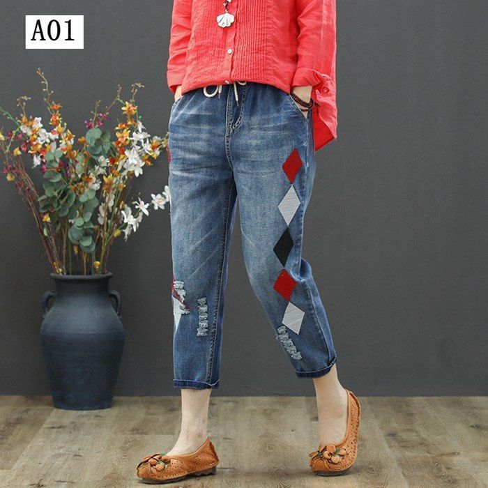 デニムパンツ レディース テーパードパンツ デニム ジーンズ 七分丈 ジーパン ズボン ゆったり 7分丈 カジュアル きれいめ ウエストゴム 刺繍 xinxin 01