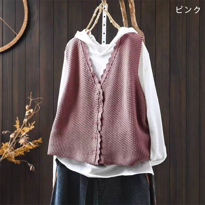 ニット ベスト レース レディース Vネック ノースリーブ ニットベスト 綿 無地 デザイン感 ジレベス コート 前開き 羽織り カーディガン ジレ コットン トップス カーデ ゆったり カジュアル 通勤 大人 体型カバー xzzhang 214