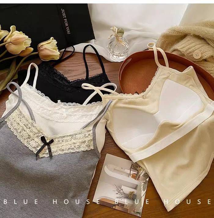キャミソール カップ付き レデイース レース ブラジャー リボン カップ付きインナー ノンワイヤー 下着 ルームウェア トップス インナー 肌着 女子 大人 かわいい 体型カバー 薄手 aodaiya 04 DZ 20