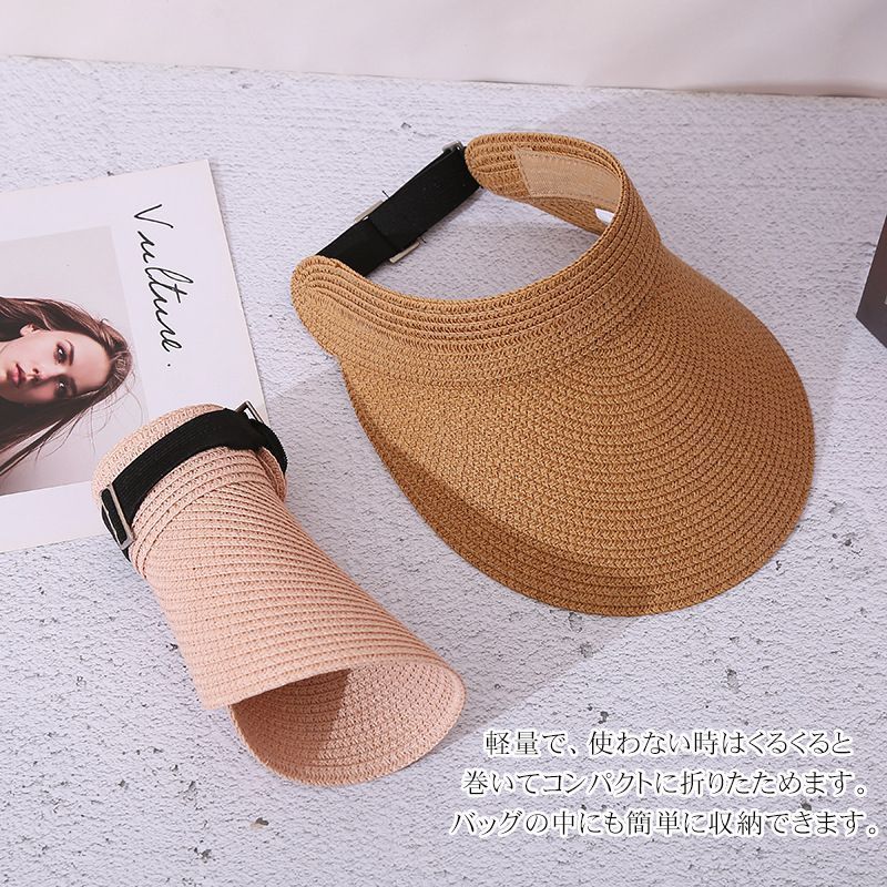サンバイザー レディース UVカット サンハット 麦わら帽子 ゴルフ つば広 折りたたみ 持ち運び ゴムベルト テニス 通気性 自転車 スポーツ サイズ調整 日よけ 日焼け対策 ファッション ママ プレゼント baoquan 01