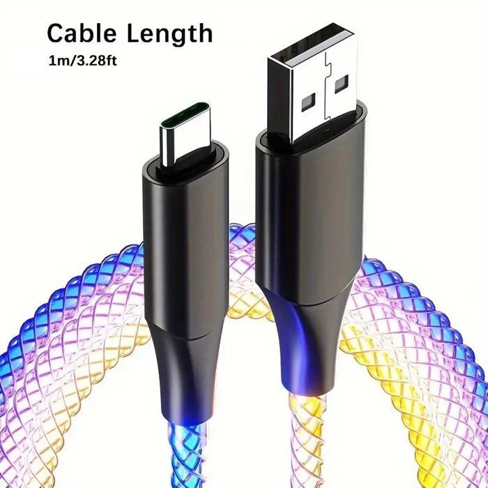 Type C カラフル光る充電ケーブル 66 W 超高速充電 USB ケーブル RGB グラデーションライト付き 光る 充電コード データ転送対応 イルミネーション おしゃれ 車載 急速充電とデータ同期 bsj 01