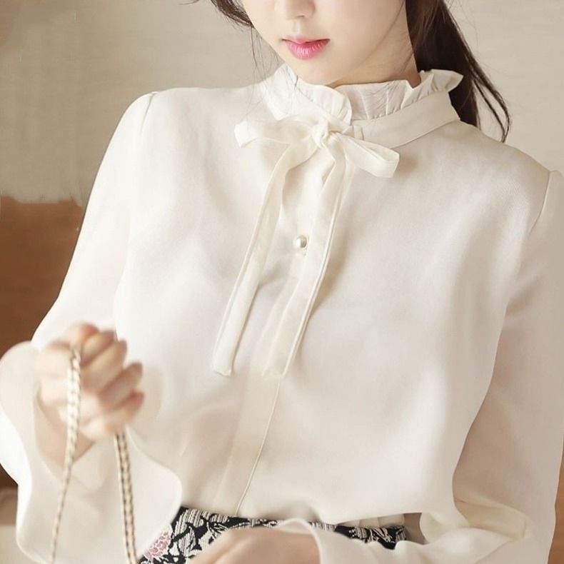 ブラウス レースフリル付きスタンドカラー シフォンブラウス 長袖 レディース タイドベルト 春秋 おしゃれ ベーシック トップス xzzhang 222