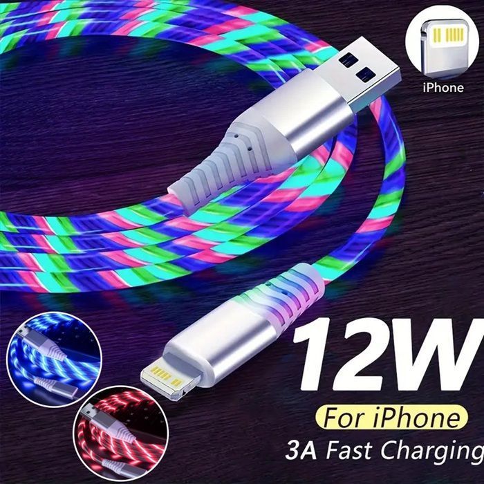 カラフル光る充電ケーブル iPhone ライトニング ケーブル 1 m TPE素材 急速充電 3 A LEDライト オシャレ iOS系コネクター スマホ充電コード USB Lightning 車内 室内 データケーブル chenwei 01