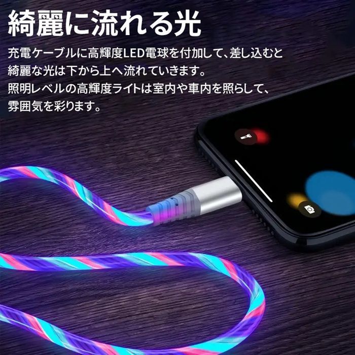 カラフル光る充電ケーブル iPhone ライトニング ケーブル 1 m TPE素材 急速充電 3 A LEDライト オシャレ iOS系コネクター スマホ充電コード USB Lightning 車内 室内 データケーブル chenwei 01