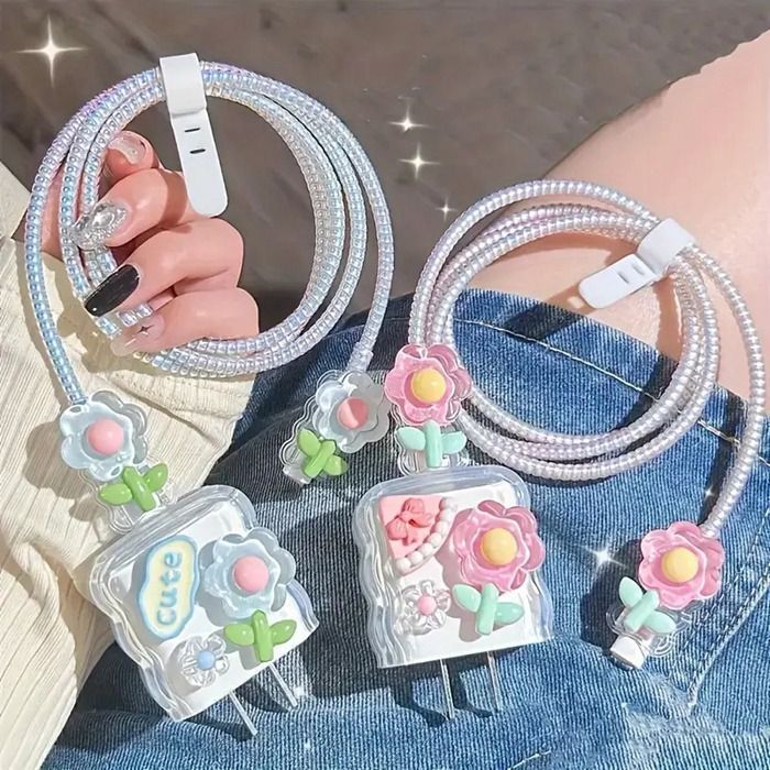 iPhone iPad 18 W 20 W充電器用 ケーブルカバー カワイイ 花柄デザイン プロテクター アダプタ 保護 キズ防止 耐衝撃 落下防止 防塵 断線防止 充電 かわいい フラワー wanlec 01