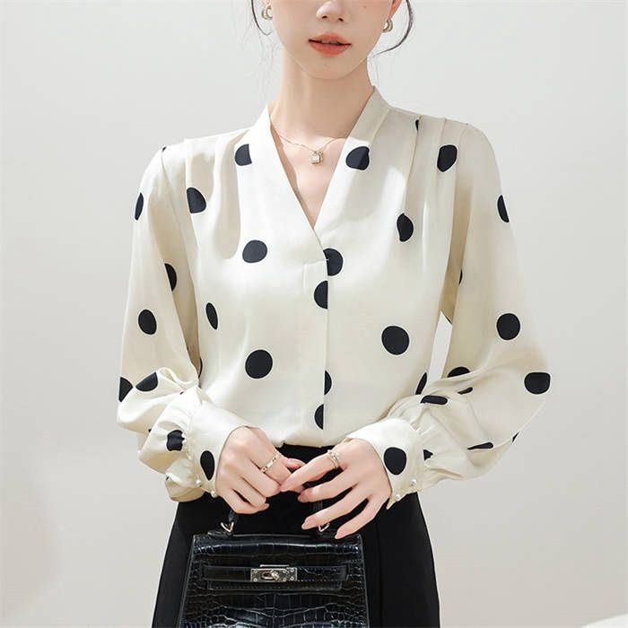 シャツ ブラウス ドット柄 レディース Vネック サテン風 長袖 トップス プルオーバー シャツブラウス 春 秋 ゆったり デザイン感 エレガント レトロ カジュアル 大きいサイズ 20代 30代 40代 50代 着痩せ 大人xzzhang 158