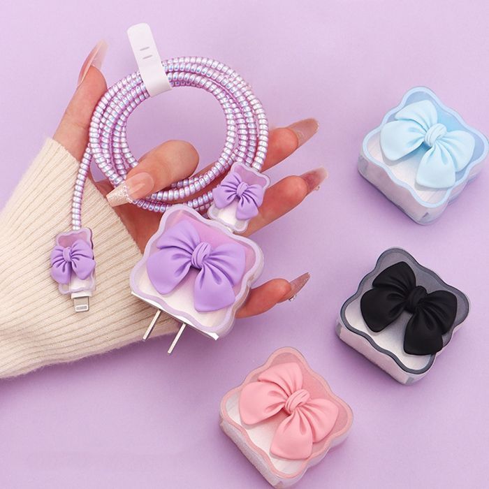 iPhone iPad 18 W 20 W充電器用 ケーブルカバー カワイイ蝶結び プロテクター アダプタ 保護 キズ防止 耐衝撃 落下防止 防塵 断線防止 充電 かわいい リボン lightning mengqing 01