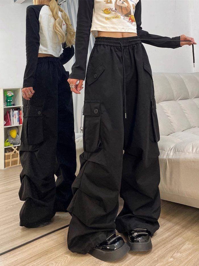 カーゴパンツ レディース 長ズボン ゆったり ワイドパンツ ヒップホップ かっこいい 無地 ハイウエスト シンプル 作業着 ワークパンツ オーバーサイズ ルーズ ズボン おしゃれ かわいい ダンス 衣装 qingshek 03