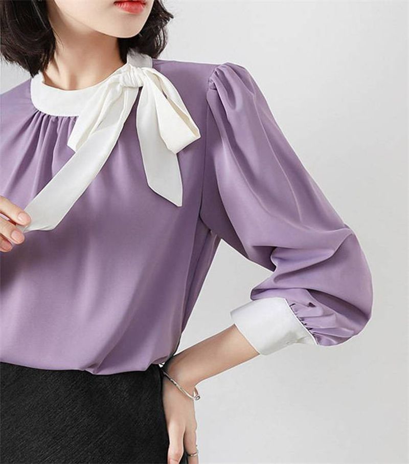 ボウタイブラウス レディース 長袖 シャツ ブラウス ボウタイ シャツブラウス とろみシャツ 無地 トップス プルオーバー シフォン デザイン感 fengxz 12