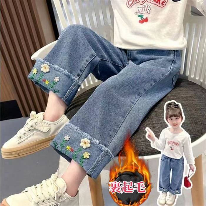 デニムパンツ ワイドパンツ 女の子 デニム キッズ ダンス 裹起毛 ゆったり ロングパンツ 長ズボン ボトムス 子供服 ジーパン ジュニア こども 韓国 着痩せ 普段着 小学生 幼稚園 chaoyaya 11