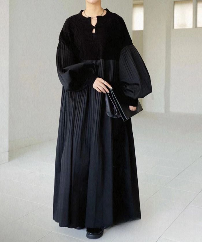 ワンピース レディース 春 秋 冬 ロング丈 ニット 異素材 切り替え 長袖 プリーツ 体型カバー おしゃれ カジュアル レイヤード風 xzzhang 30