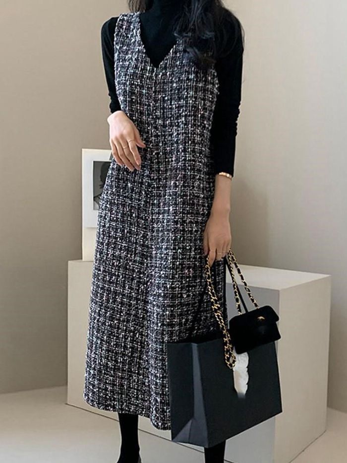 ワンピース 春 秋 レディース ツイード Vネック ロング丈 ジャンスカ ジャンパースカート ノースリーブ 重ね着 体型カバー 可愛い 大きいサイズ カジュアル 着痩せ 通勤 入学式 xzzhang 29