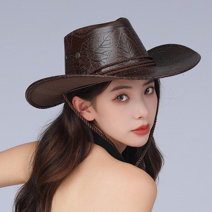 カウボーイハット 帽子 ヴィンテージ調 ハット PUレザー メンズ ウエスタン ストローハット 中折れハット つば広 日よけ 旅行 レディース ユニセックス おしゃれ レザー風 UVカット あご紐付き 乗馬 weide 02