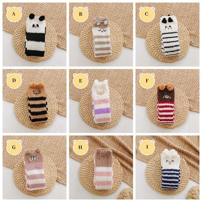 靴下 レディース ロング丈 ニーハイソックス ソックス 暖かい ルームソックス もこもこ靴下 動物 アニマル くま 猫 ボーダー 下着 贈り物 学生 厚手 おしゃれ かわいい 可愛い 秋冬 mingchuang 07