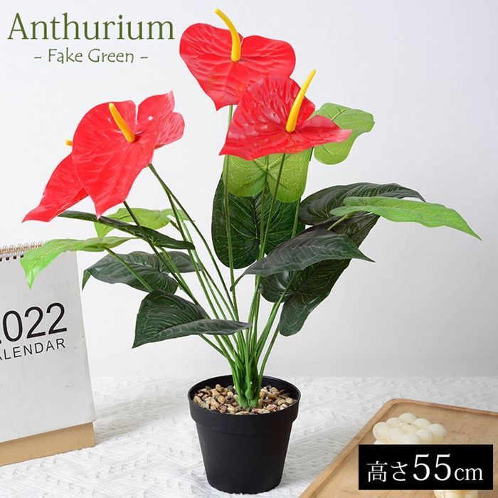 フェイクグリーン アンスリウム 55 cm 人工観葉植物 造花 観葉植物 フェイク 人工植物 アンスリューム アートグリーン 緑 グリーン 癒し リラックス 植木 枯れない 水やり不要 簡単 黒鉢付き yjia 05