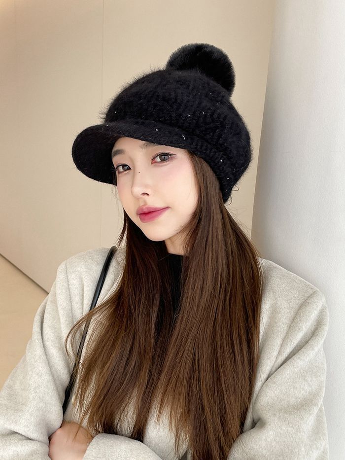 ニットキャスケット ニット帽 裏起毛 レディース ビーニー ケーブルニット つば付き 厚手 ニットキャップ もこもこ 秋 冬 ポンポン付き 小顔効果 寒さ対策 保温 防寒 防風 jiuce 239