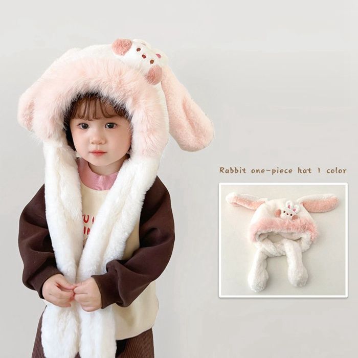 帽子 マフラー ネックウォーマー マフラー付き帽子 フード付きマフラー ウサギ耳 動く帽子 フード 子供 秋 冬 防寒 寒さ対策 お出かけ 耳 ゆったり 可愛い 暖かい もこもこ ふわふわ qiunan 41 DZ 20