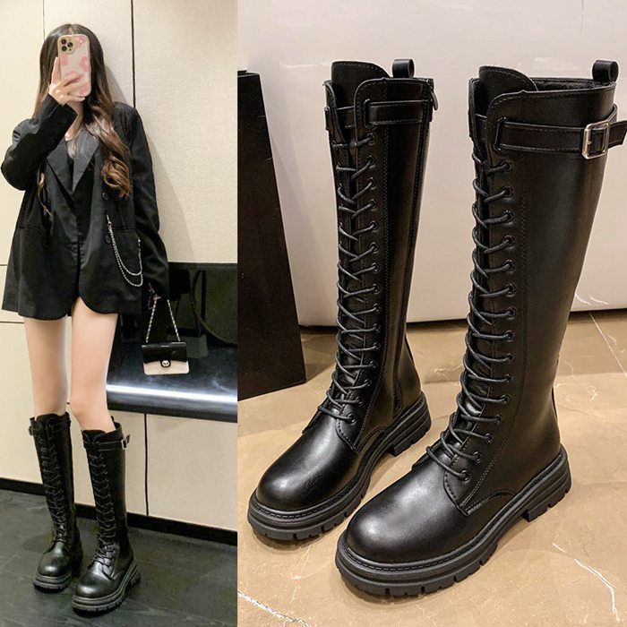 ロングブーツ レディース ブーツ ロング丈 ニーハイブーツ バイクブーツ 美脚ブーツ 編み上げ 大人 女性 かわいい 秋冬 痛くない 歩きやすい お出かけ カジュアル シンプル おしゃれ fuling 18