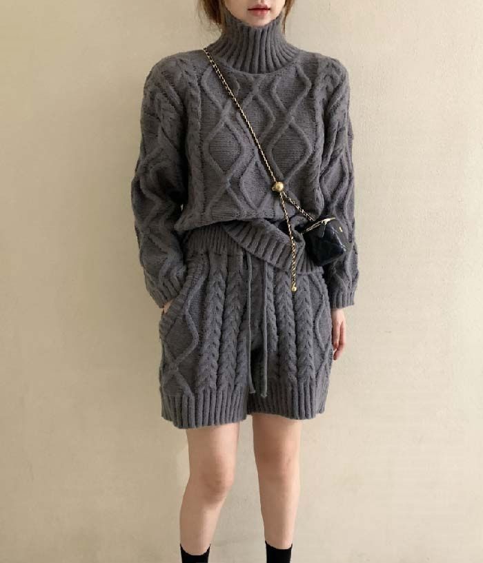 セットアップ レディース 春 秋 2点セット ニット セーター ケーブル編み ハーフパンツ トップス ハイネック 長袖 ゆったり シンプル 体型カバー カジュアル きれいめ トレンド感 xzzhang 47