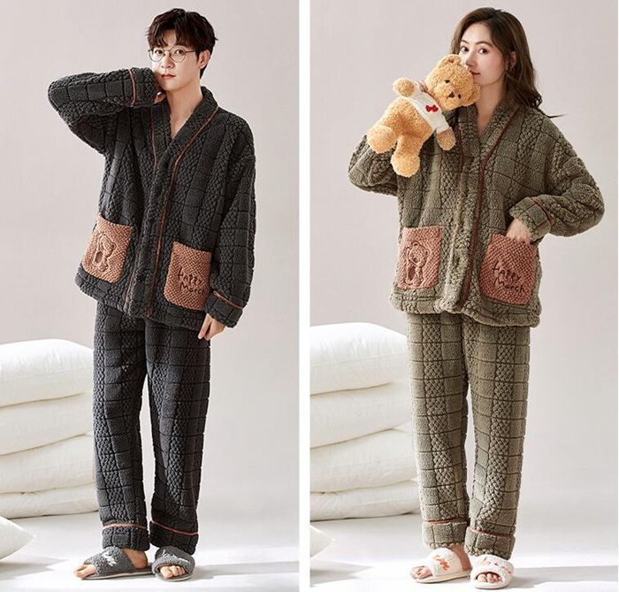 カップル パジャマ メンズ レディース ルームウェア ペアルック 保温 カップルパジャマ ナイトウェア ペアパジャマ 長袖 もこもこ 冬 上下セット 部屋着 あったか 前開き jcm 07