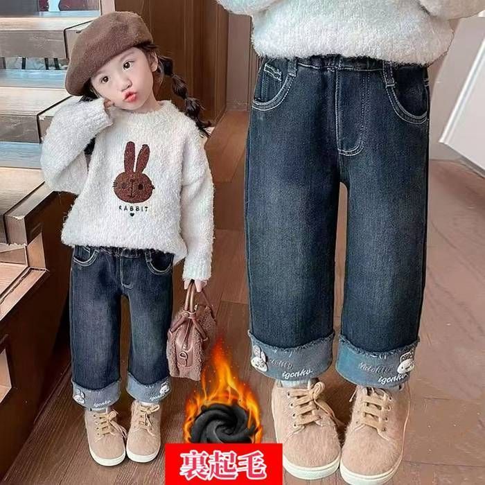 デニムパンツ 子供服 女の子 デニム ワイドパンツ 裏起毛 ゆったり ボトムス おしゃれ カジュアル 通園 通学 秋冬 防寒 冬着 冬物 シンプル 可愛い 韓国 お出かけ chaoyaya 09