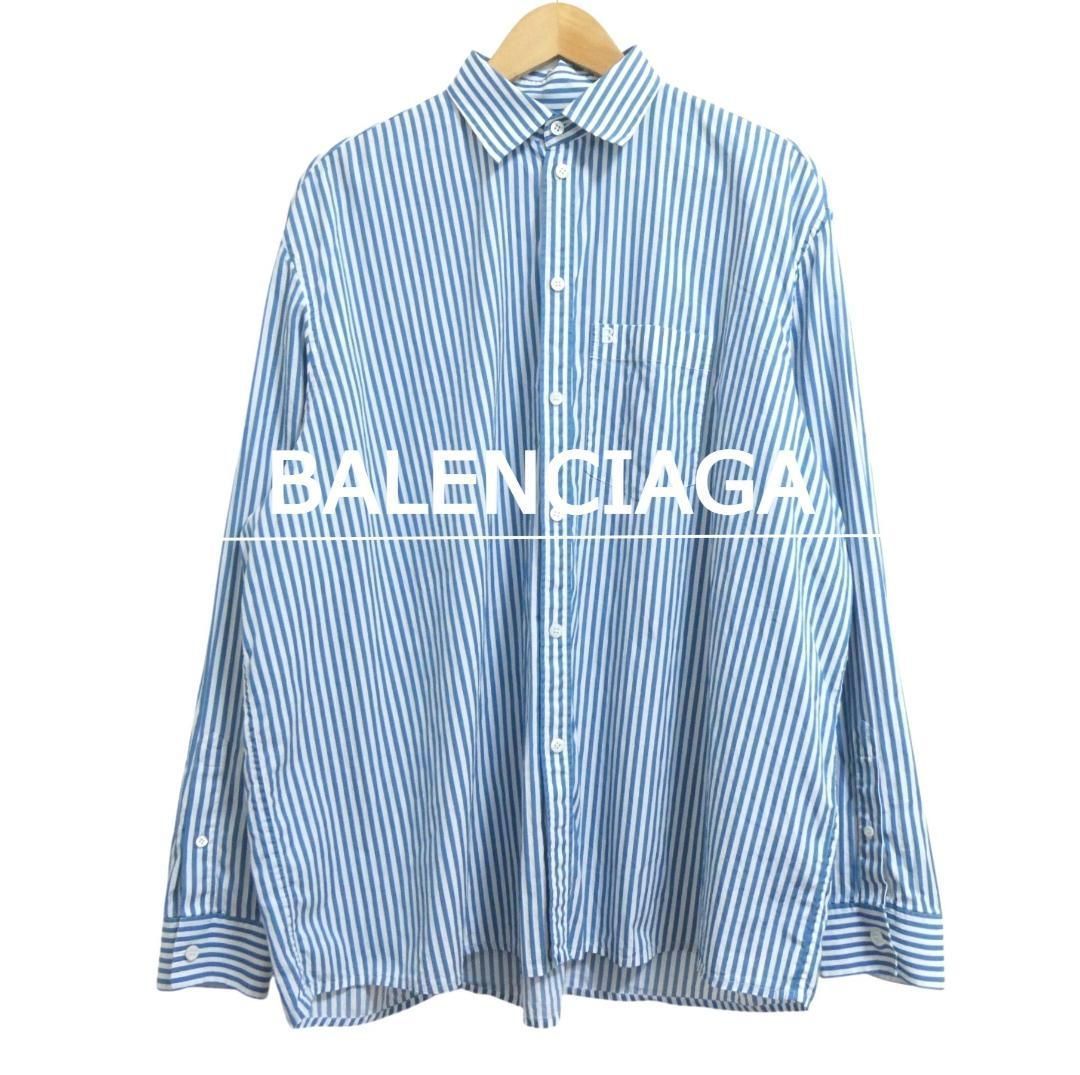 バレンシアガ サイズ39 Bロゴ 刺繍 ストライプ柄 変形スリーブ ポケット オーバーサイズ 長袖 シャツ ブルー ホワイト メンズ