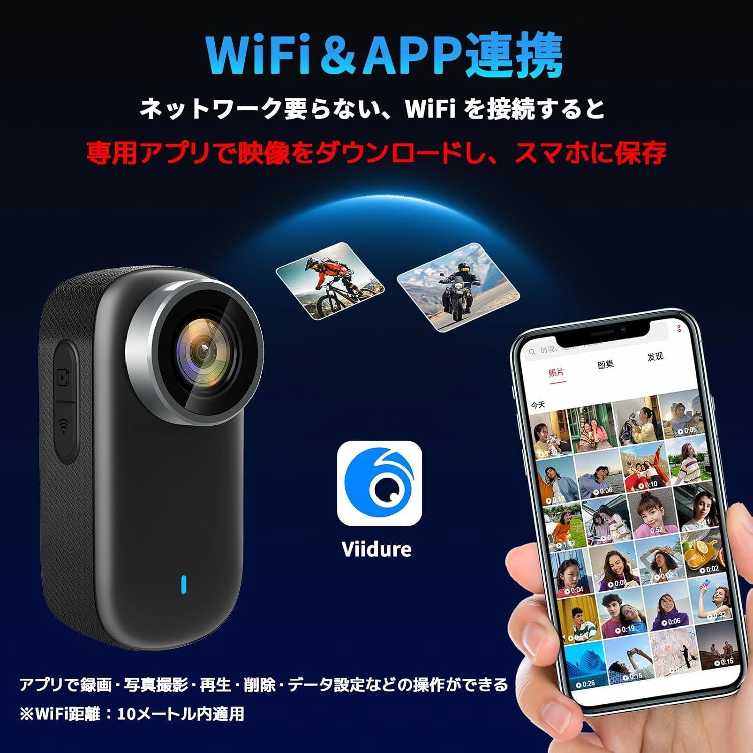4Kアクションカメラ ウェアラブルカメラ 64GBカード付属 123度広角小型