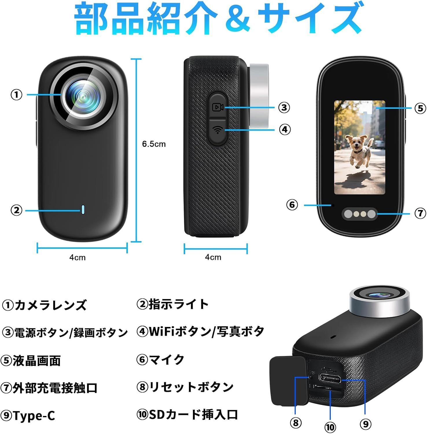 4Kアクションカメラ ウェアラブルカメラ 64GBカード付属 123度広角小型