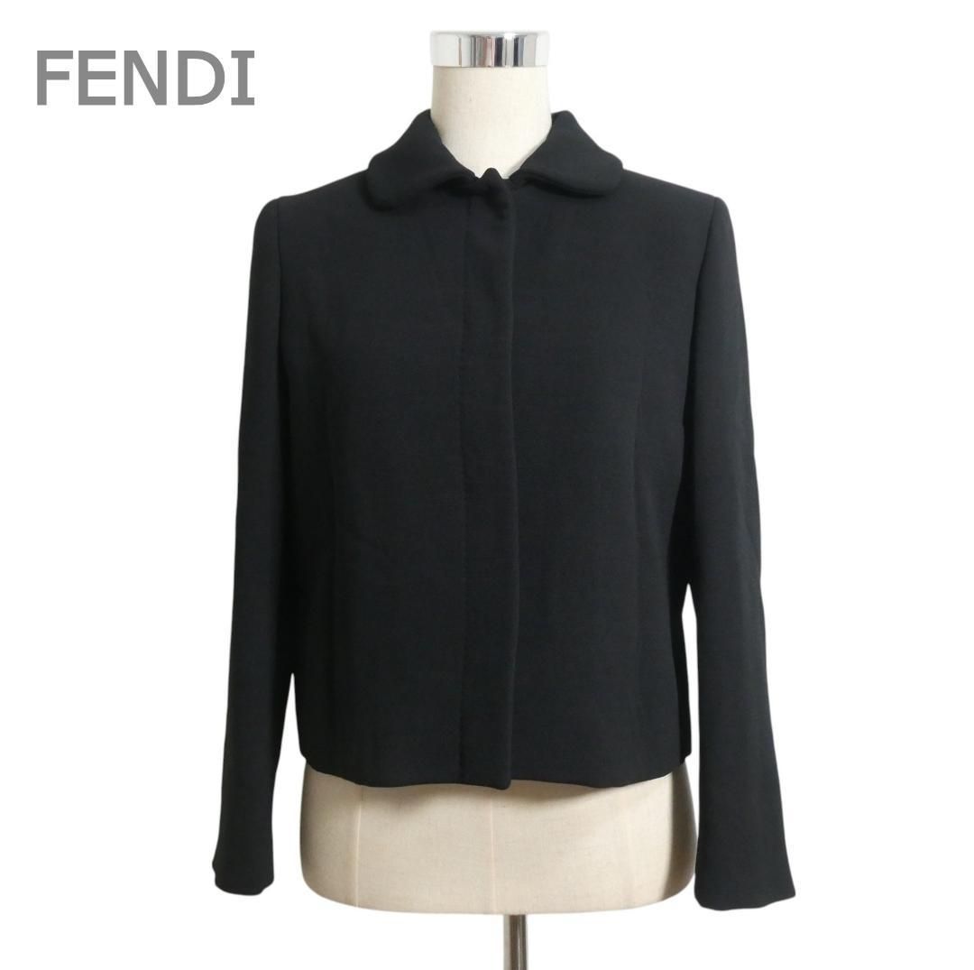 FENDI フェンディ サイズ42 厚手 シルクミックス スナップボタン シングル ジャケット 黒 ブラック レディース