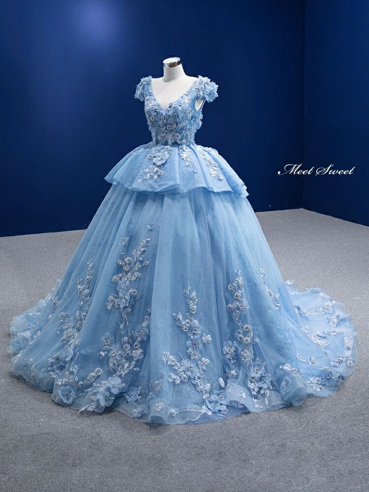 大人 カラードレス ブルー プリンセスライン 半袖 フラワーモチーフ 編み上げ ロングドレス パーティー 舞台 演出 イブニングドレス