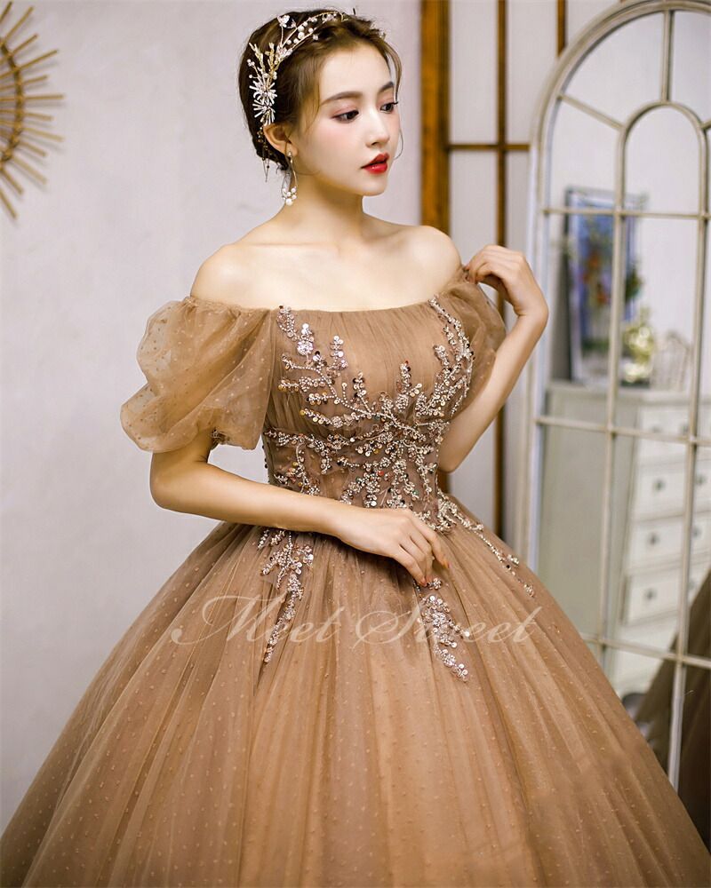 m*5様 ブラウンパフスリーブドレス＊結婚式 ブラウンパフスリーブドレス＊結婚式