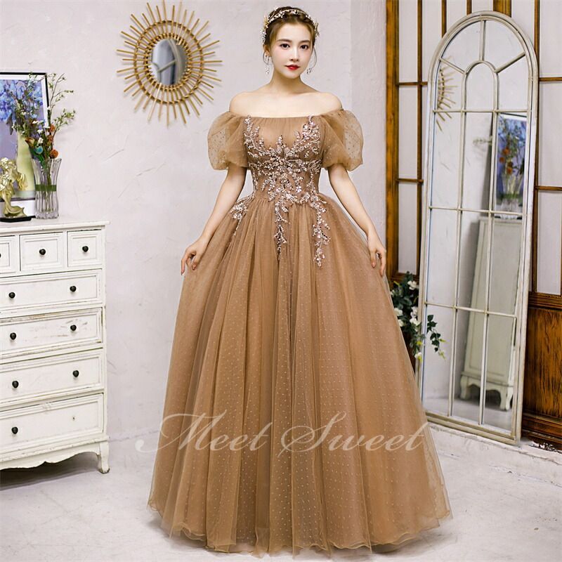 カラードレス プリンセスライン ブラウン オフショルダー パフスリーブ ロングドレス ウェディングドレス 結婚式 二次会 花嫁 前撮り 発表会 ステージ衣装 ウエディングドレス パーティードレス ブライダル 演奏会 イブニングドレス コンサート コンクール