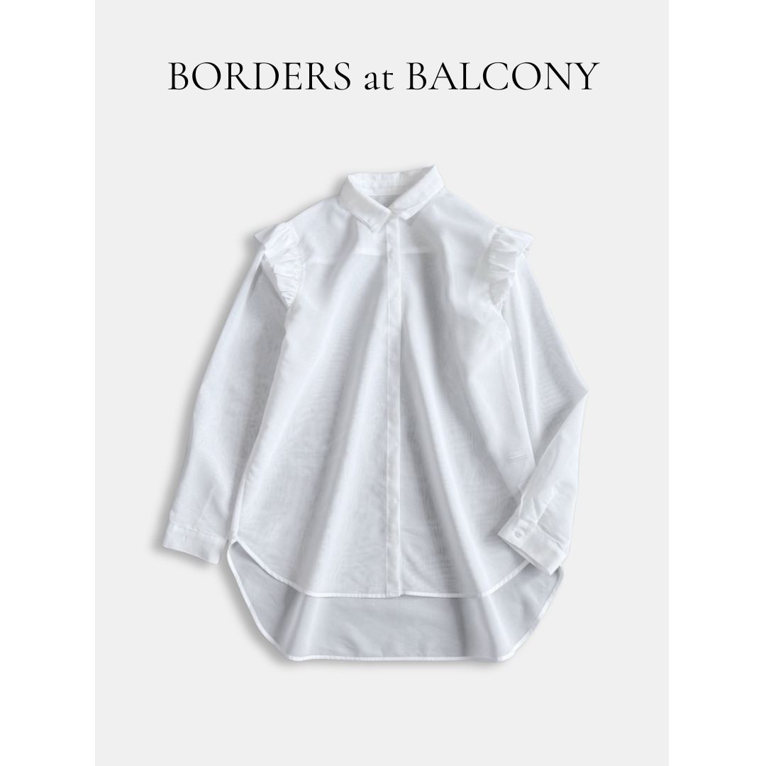 BORDERS at BALCONY パフスリーブ シアーシャツ 白 ホワイト サイズ36 フリル 比翼ボタン 透け感 ブラウス きれいめ 上品 大人フェミニン