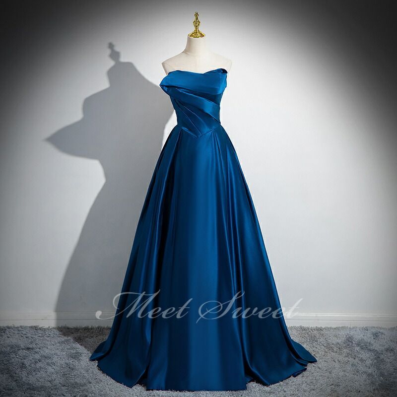 カラードレス プリンセスライン ブルー 青 ベアトップ サテン ロングドレス ウェディングドレス 結婚式 二次会 花嫁 前撮り 演奏会 発表会 ステージ衣装 ウエディングドレス パーティードレス ブライダル 演出 イブニングドレス コンサート コンクール