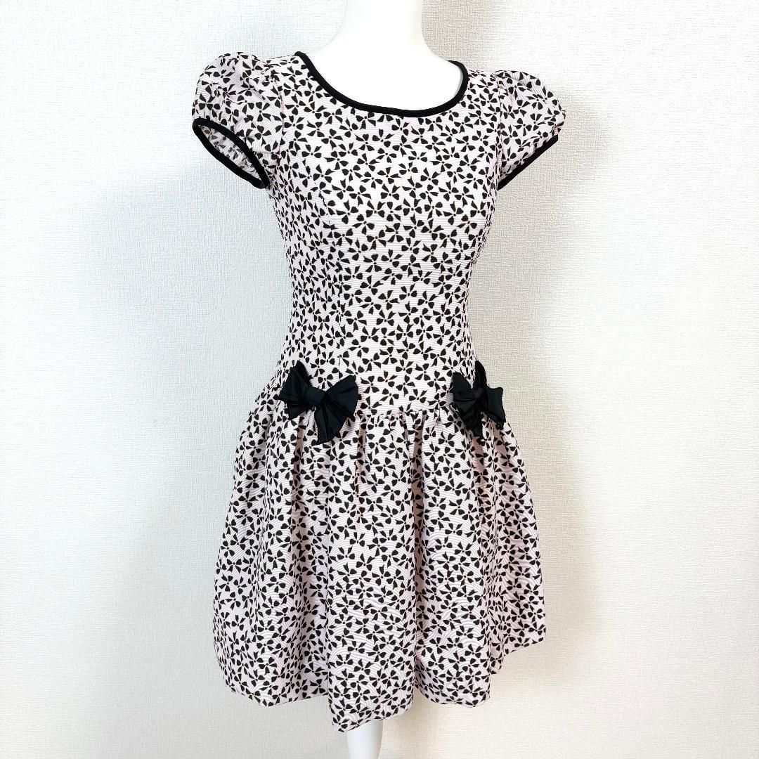 M S GRACY 半袖ワンピース 36 ピンク リボン柄 バルーン裾