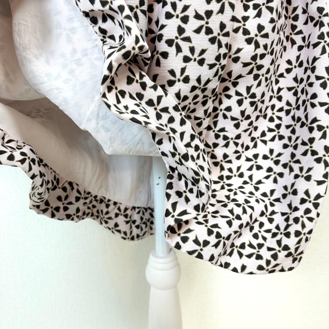  M S GRACY 半袖ワンピース 36 ピンク リボン柄 バルーン裾 半袖 ひざ丈ワンピース